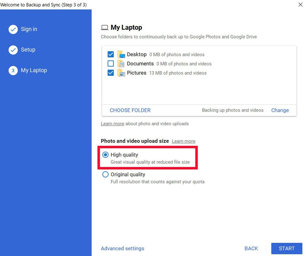 change backup and sync settings google