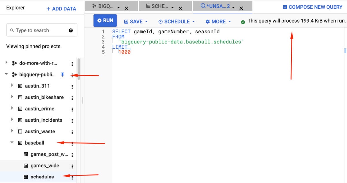 Typing in a query without running it shows how much data will be processed