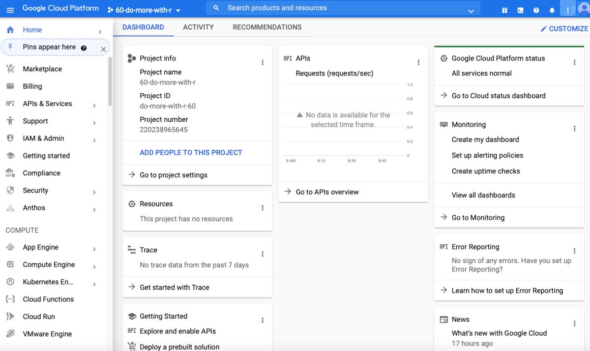 Initial Google Cloud dashboard view