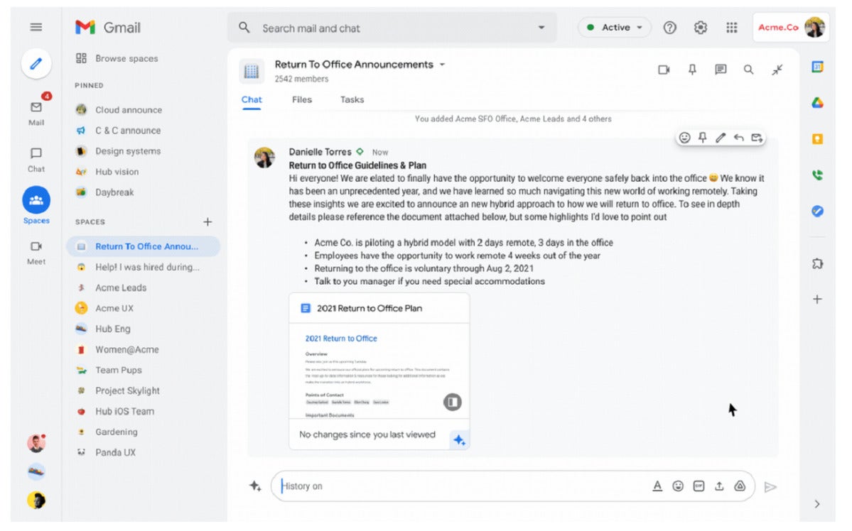 Google Workspace Updates: New integrated view for Gmail features email,  Google Meet, Google Chat, and Spaces in one place