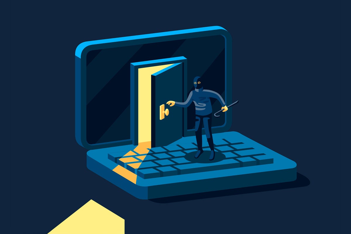 hacker hackingsecurity threat crime criminal with black hat mask and crowbar breaks into a laptop by drdrawer shutterstock 1364574311 royalty free digital only 2400x1600 100890822 large