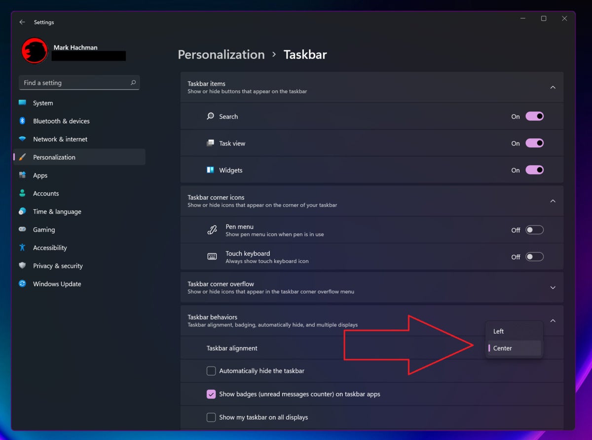 microsoft  windows 11 personalization taskbar