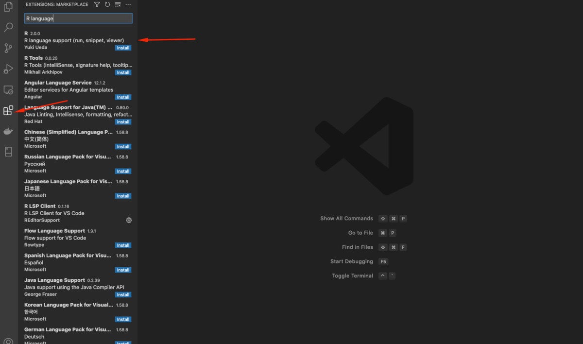 Screenshot shows VSCode icon at left and a search for R language extensions with a number of results
