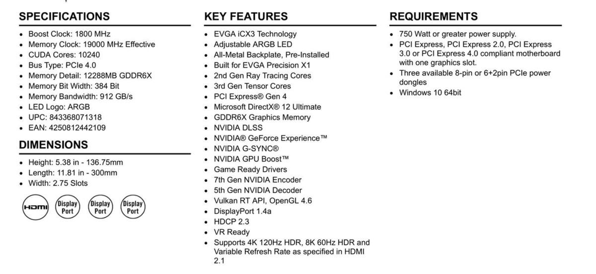 evga rtx 3080 ti ftw3 ultra specs