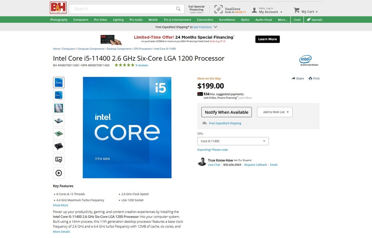 Core i5-11400 listing on B&H.com