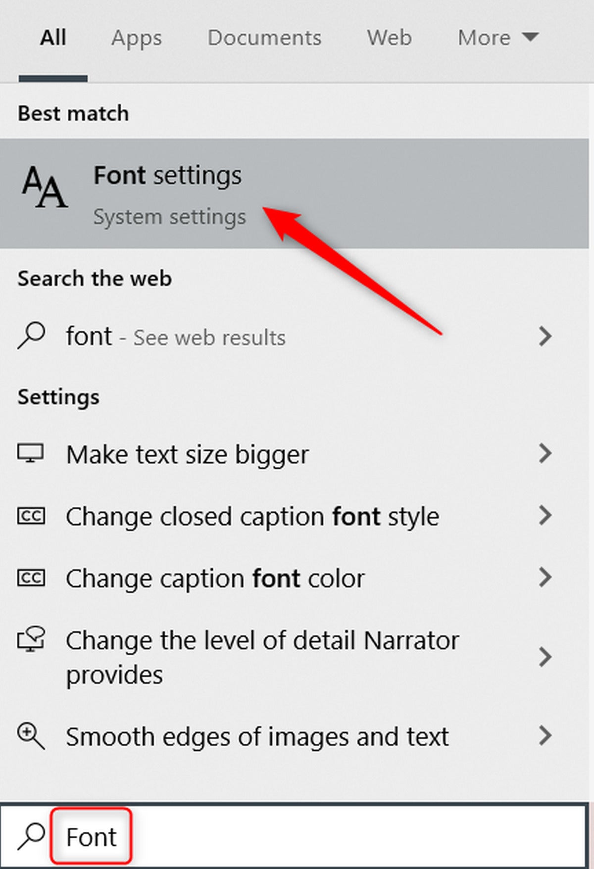 search for font settings in windows search