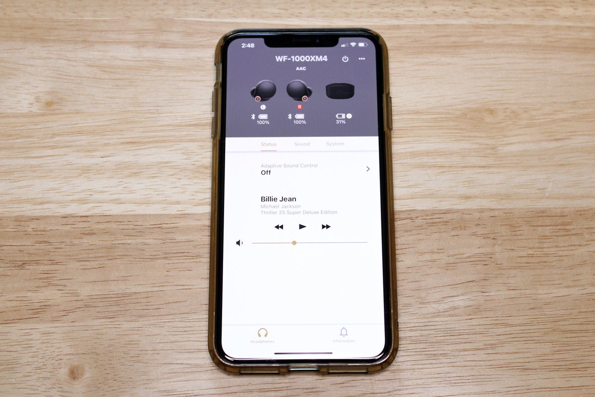 Sony WF-1000XM4 companion app open on a smartphone