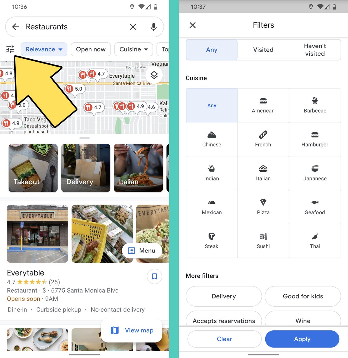 Google Maps Android: Филтри за ресторанти