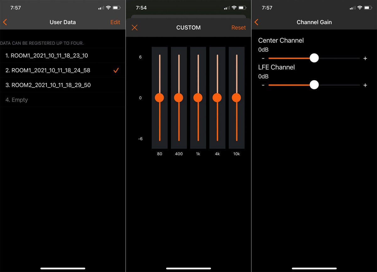 JVC’s XP-EXT1 app showing EQ, custom sound mode, and channel controls