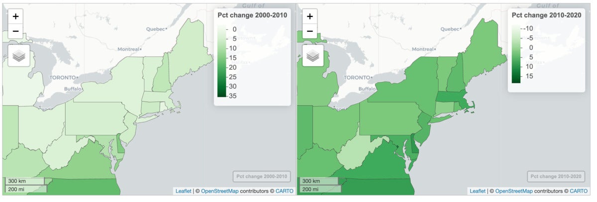 Two maps of the US side by side