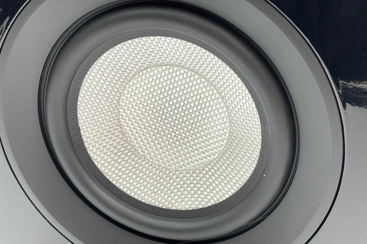 Detail view of the woven glass fiber composite drivers with Butyl Rubber surround.