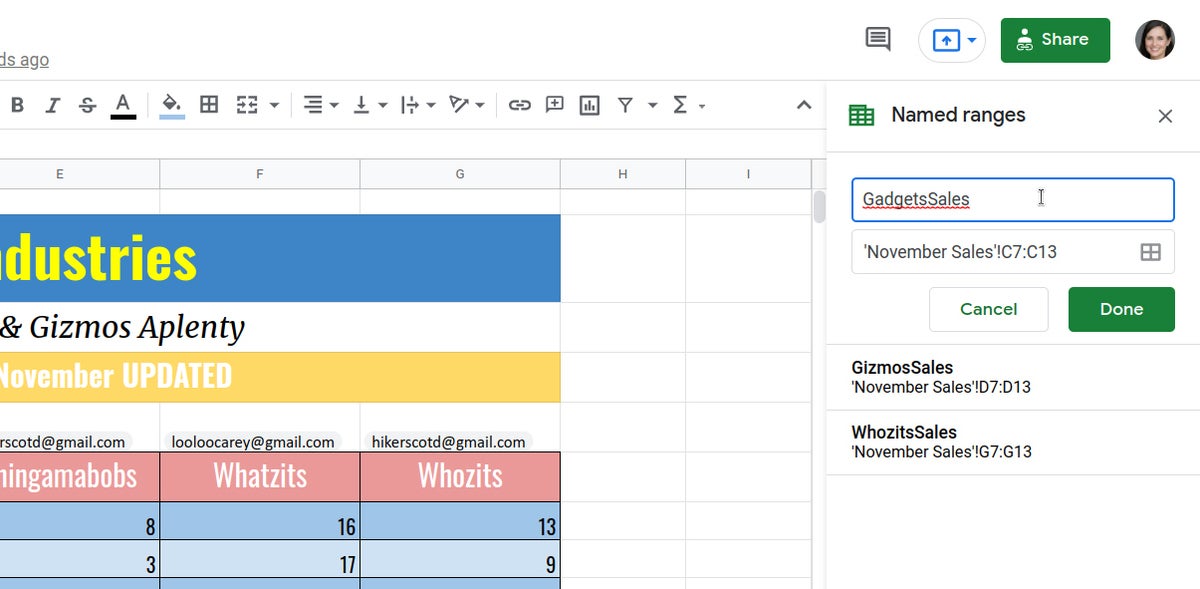 Google Sheets шпаргалка 14 именованных диапазонов