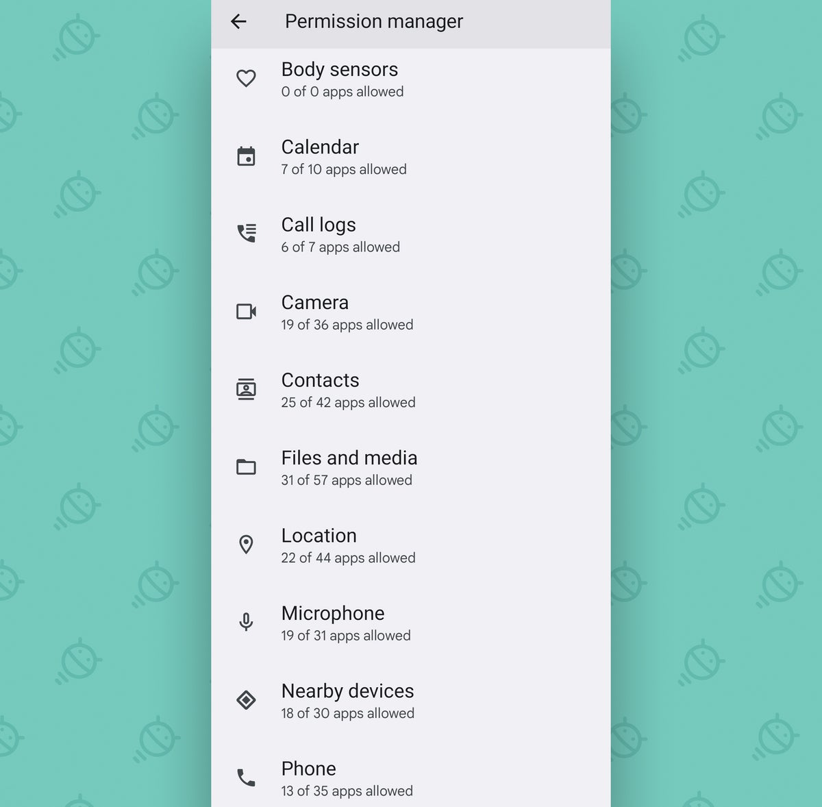 Android Settings: Permissions list