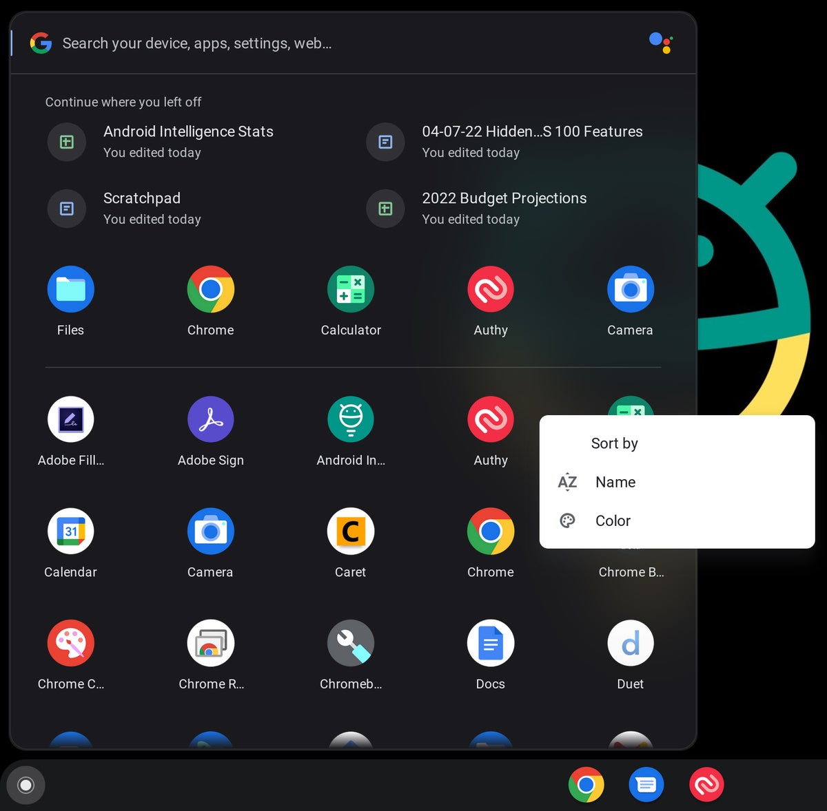 Chrome OS: сортировка в программе запуска