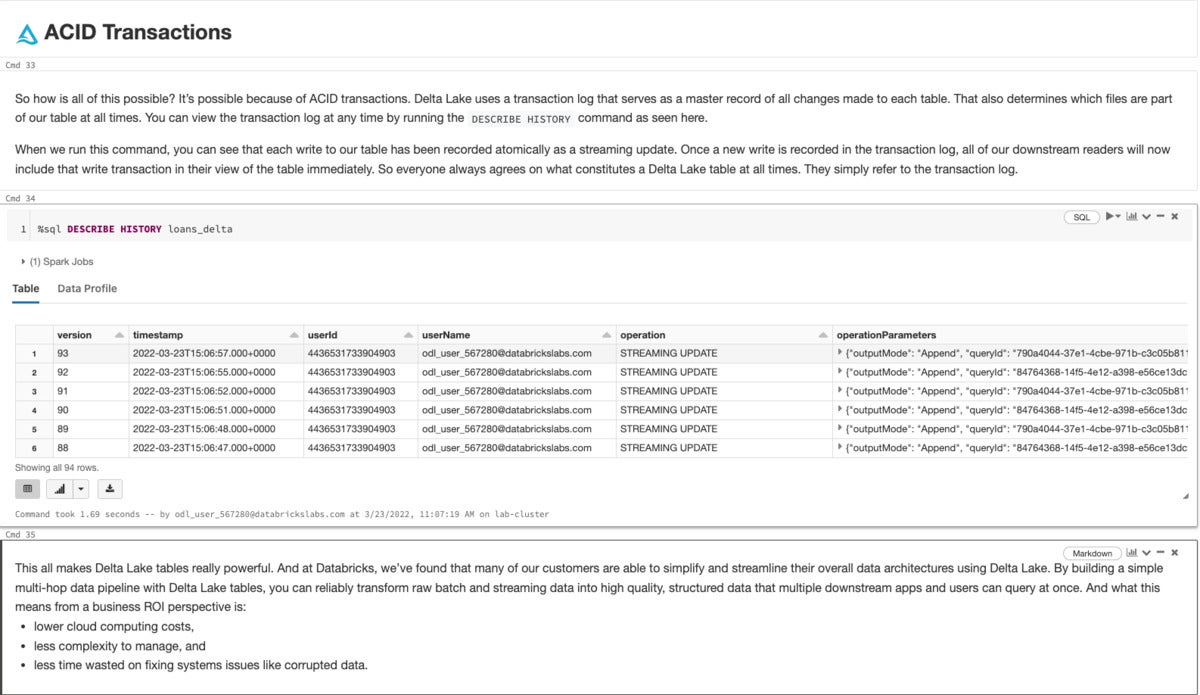 DESCRIBE HISTORY displays the transaction log in a table.