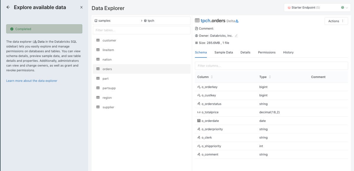 Databricks SQL data explorer.