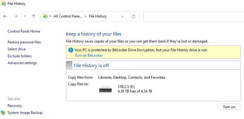 windows file history 01 thiết lập lịch sử tập tin