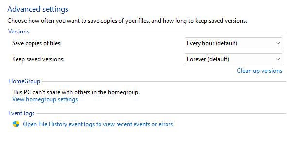 windows file history 03 advanced settings default