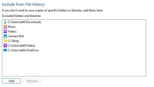 lịch sử tệp windows 05 loại trừ các thư mục