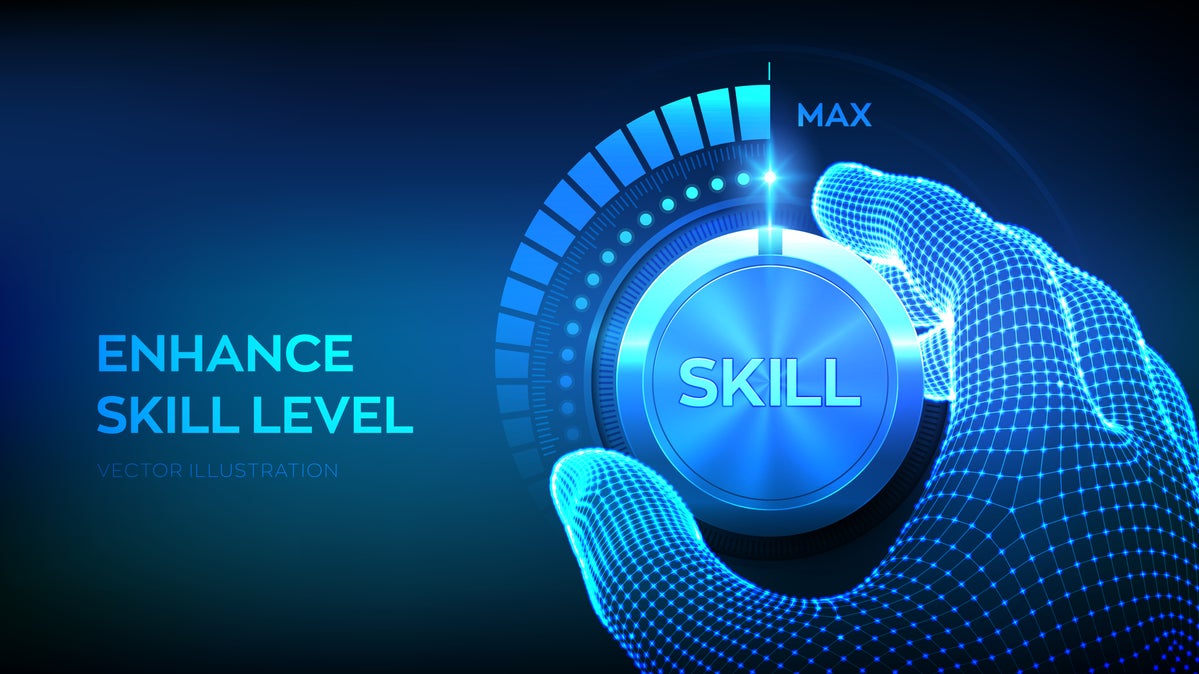 Skill levels knob button. Increasing Skills Level. Wireframe hand turning a skill test knob to the m