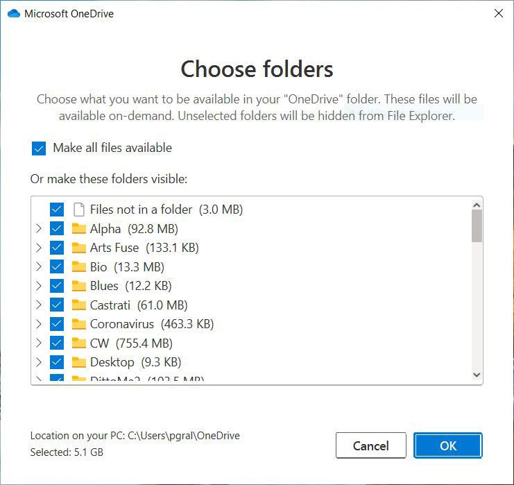 windows10 16 onedrive choose folders 21h2