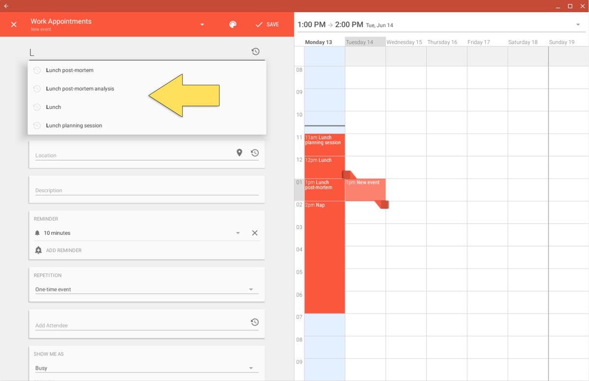 Chromebook calendar app: Autofill suggestions