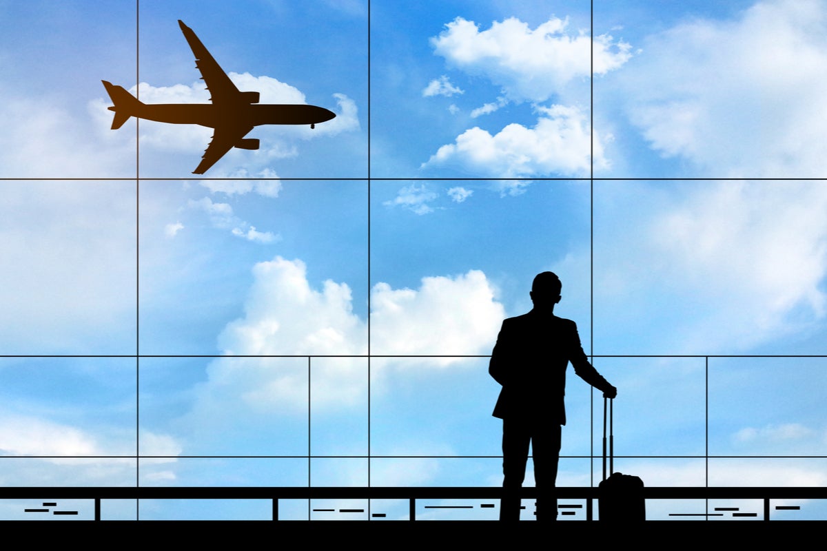 Silhouette of a man with a cabin trolley looking out a window at an aeroplane flying