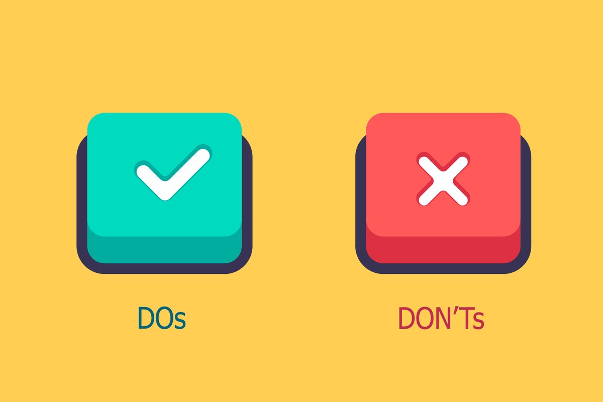 Two buttons on a yellow background, one is green for ‘dos’ and the other is red for ‘donts’