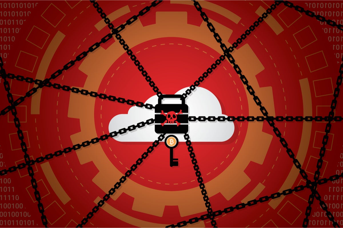 A criminal lock on a cloud that’s stuck behind chains with a red binary background