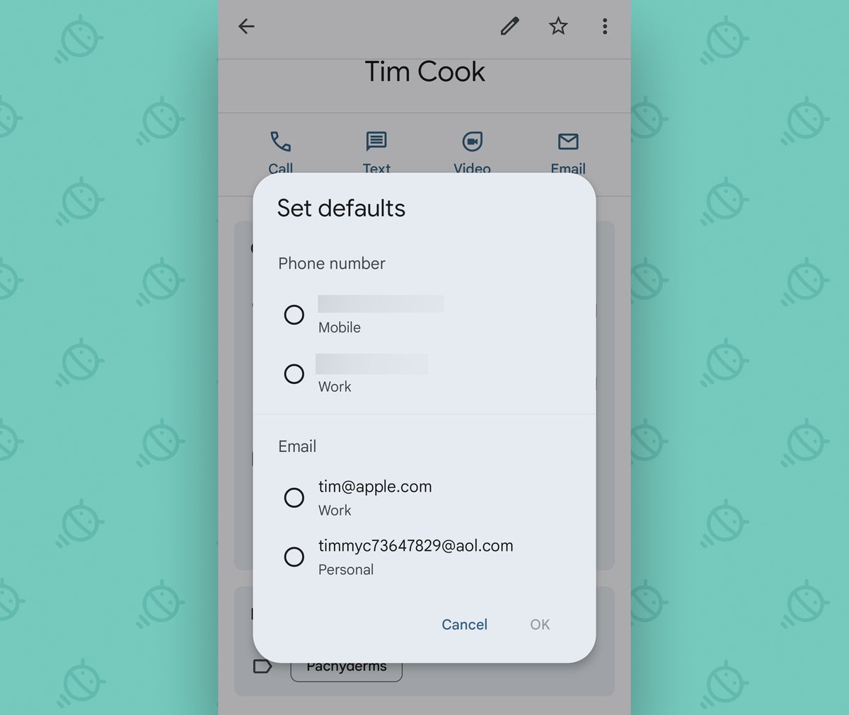 Google Contacts Android: Set defaults