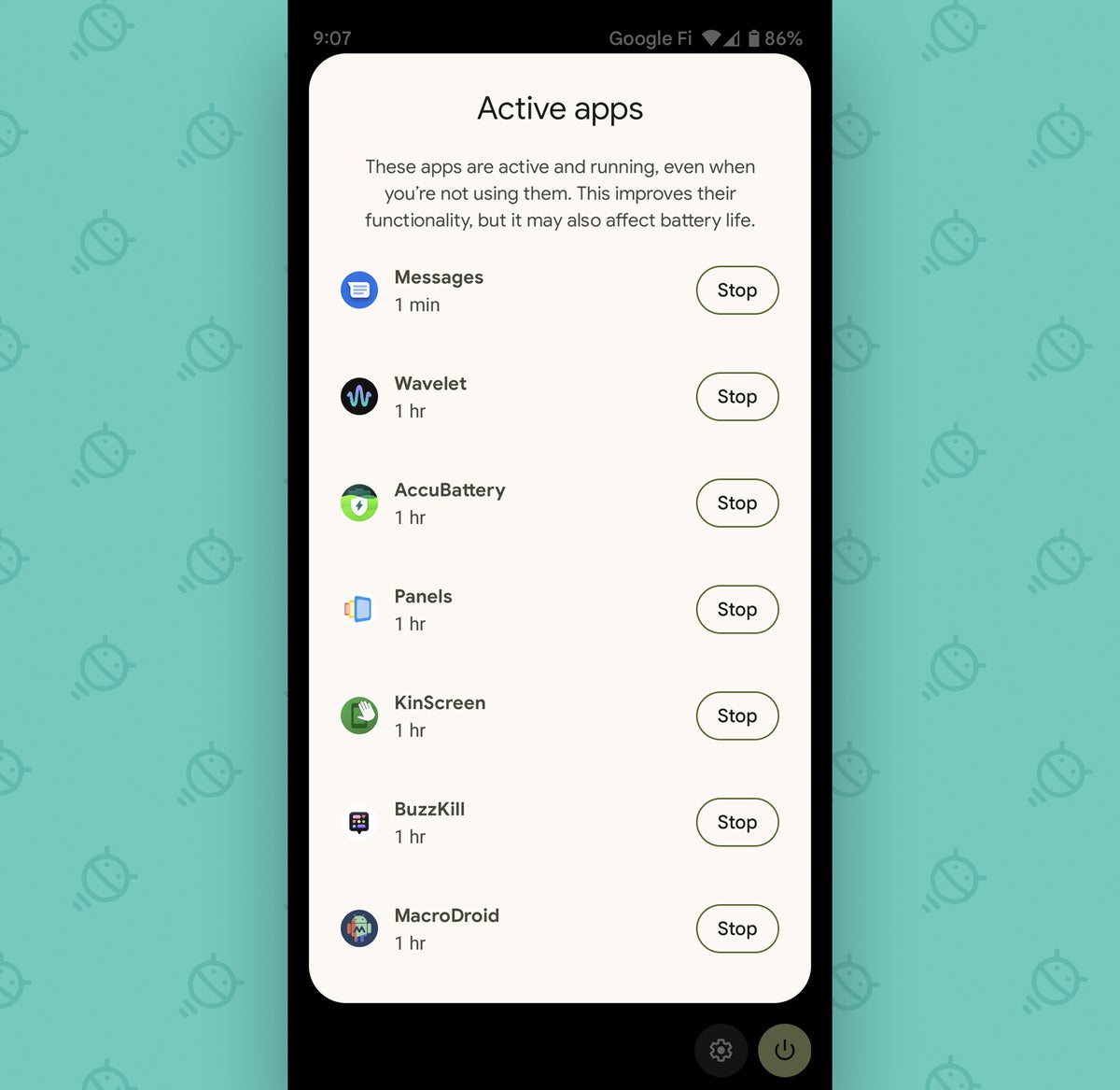 Android 13, Google Pixel: Active apps list
