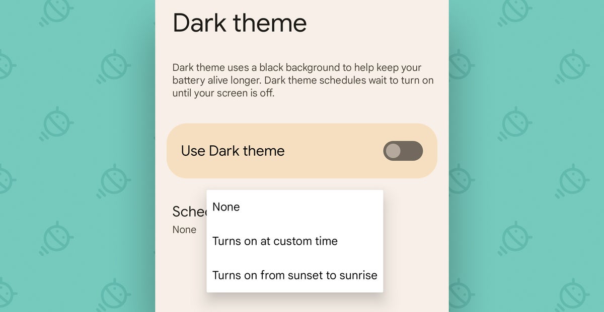 Google Pixel Settings: Dark mode schedule