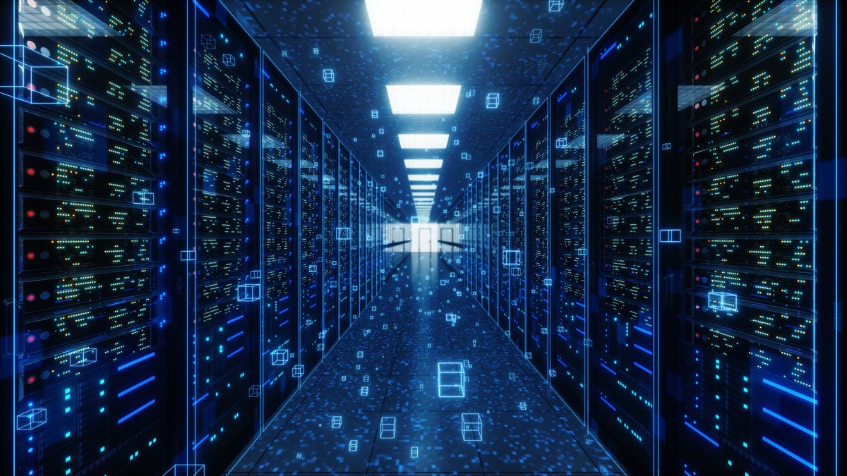 Modern interior server room data center. Connection and cyber network in dark servers.