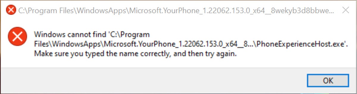 Thông báo lỗi Microsoft.YourPhone