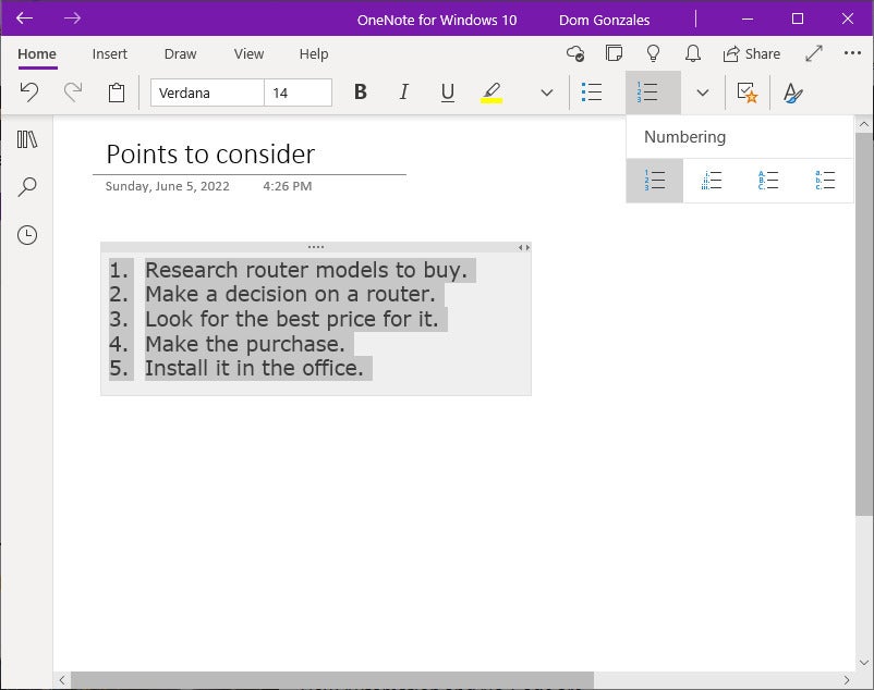 onenote 07 win10 format text numbered list
