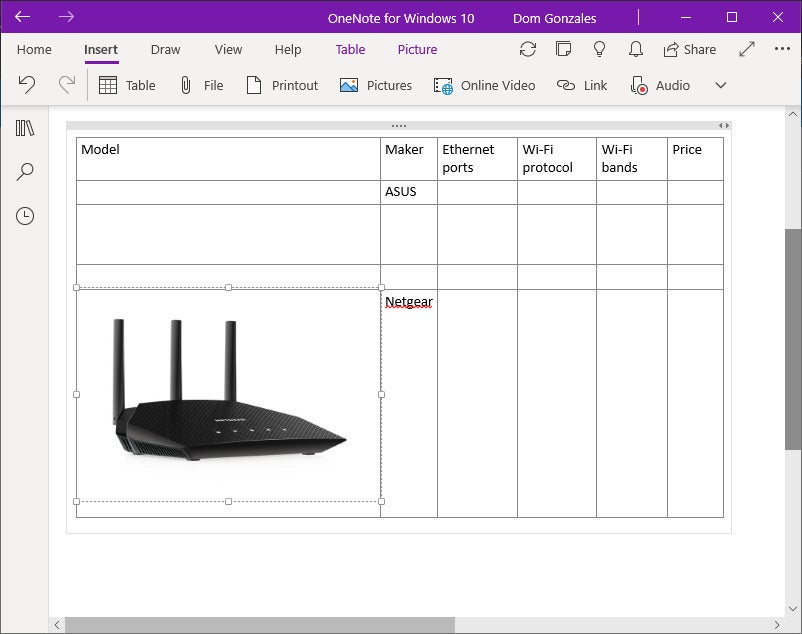 onenote 11 win10 items in table