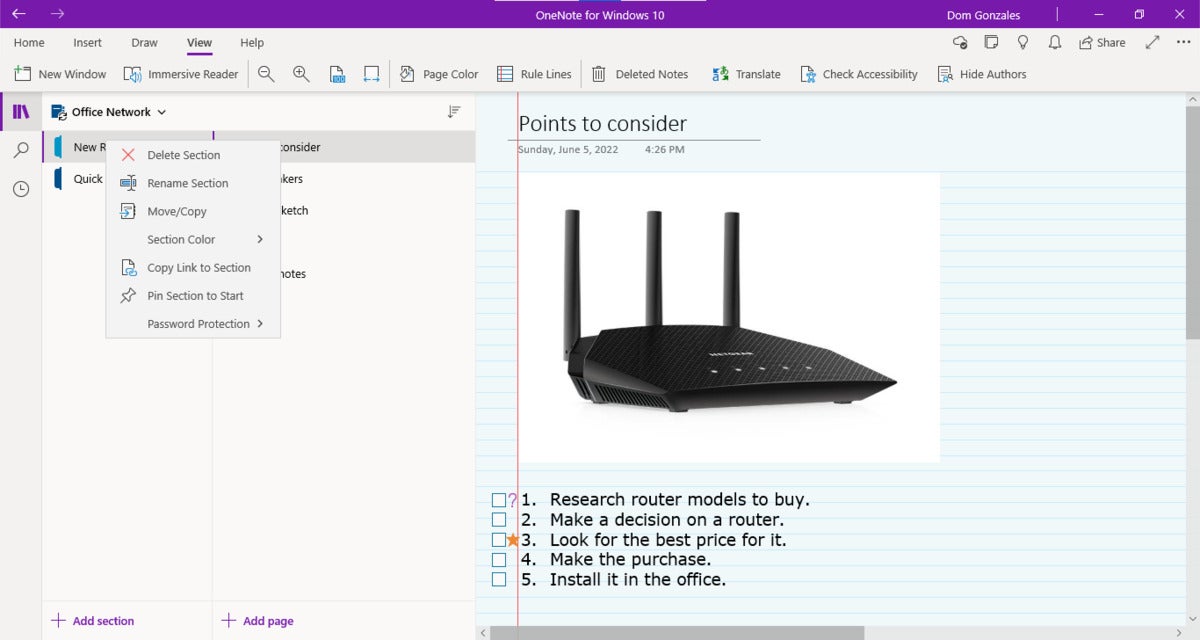 onenote 16 section right click menu