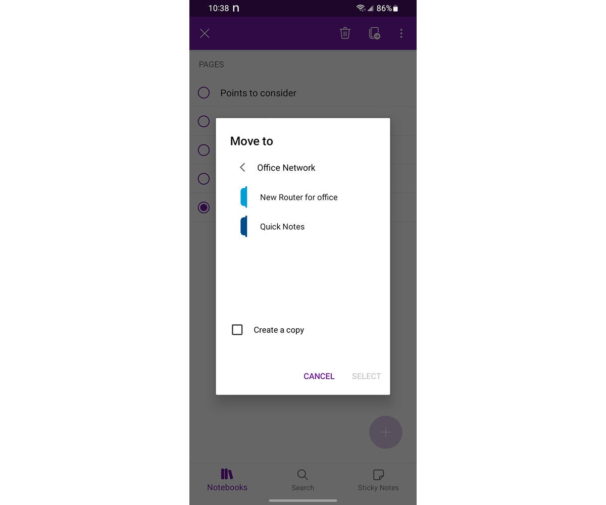 onenote 17 android move section