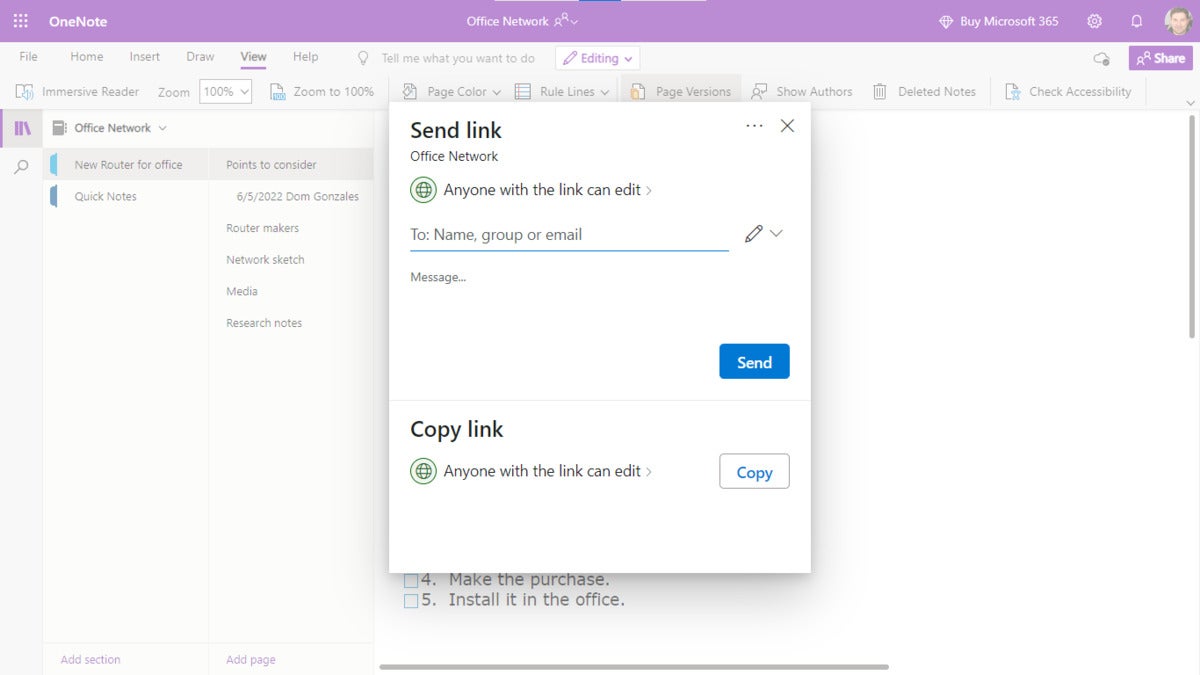 onenote 20 web send link panel