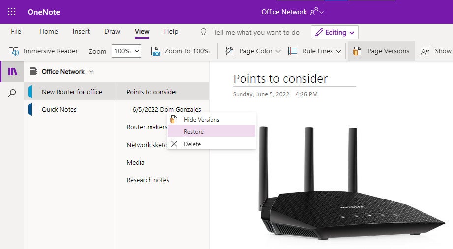 onenote 22 web page versions