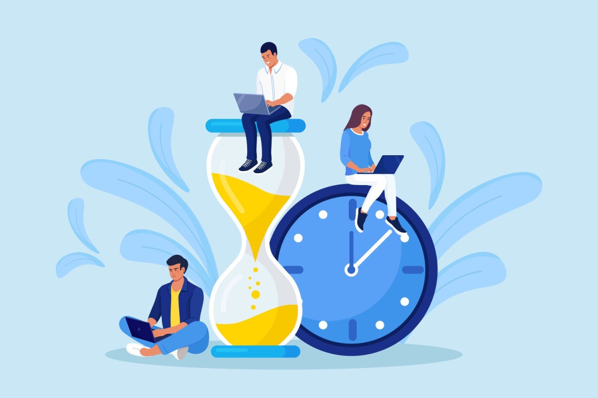 Illustration of people working with a huge hourglass & clock. Productivity concept