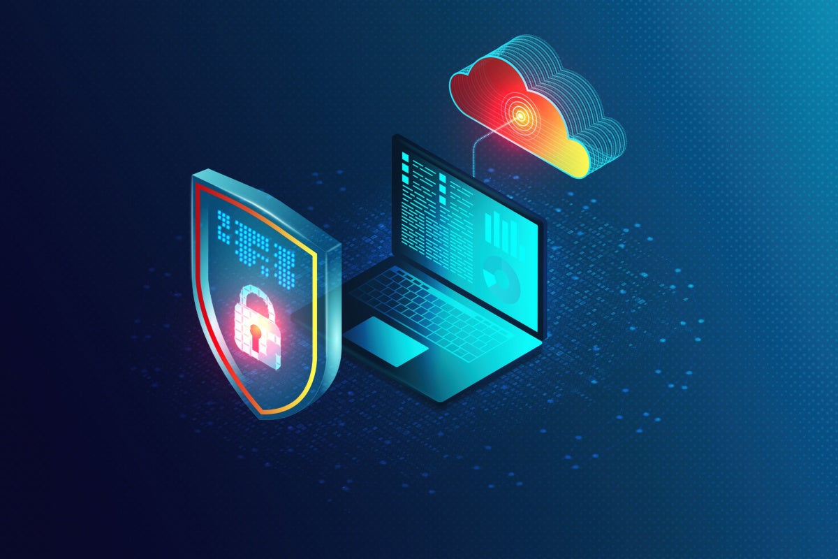 Endpoint Security Solutions Concept with Virtual Shield and Laptop Connected to the Digital Cloud