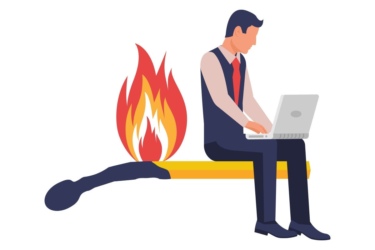 Illustration of a businessman sitting on a burning match. Symbol of burn out