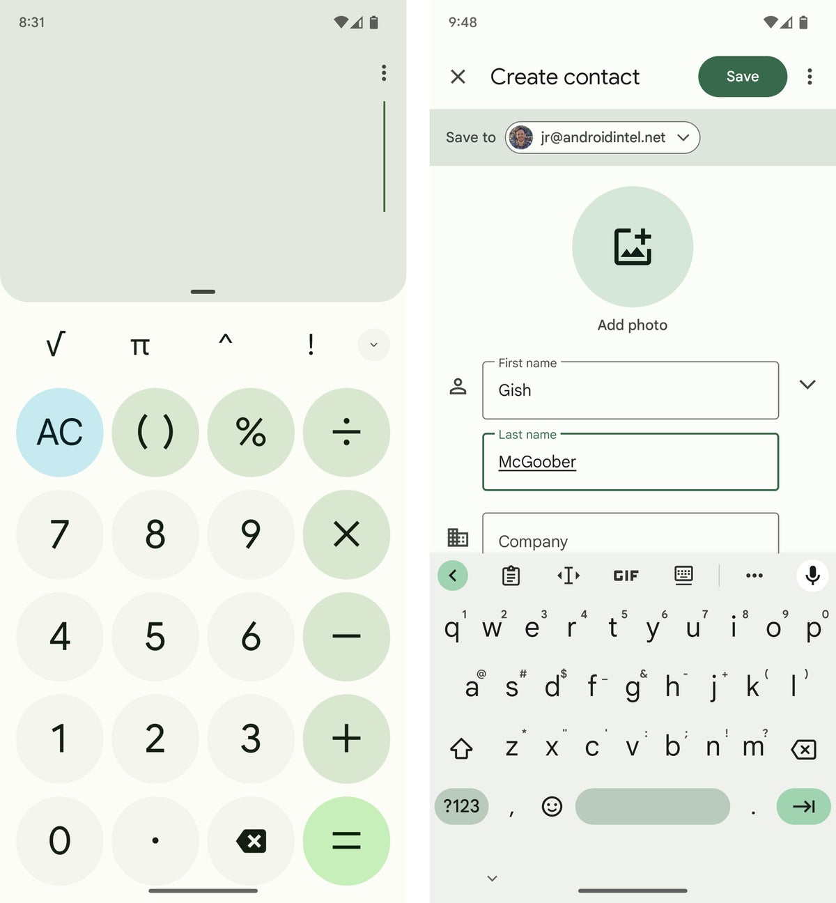 Android Design / Material You: Calculator, Contacts