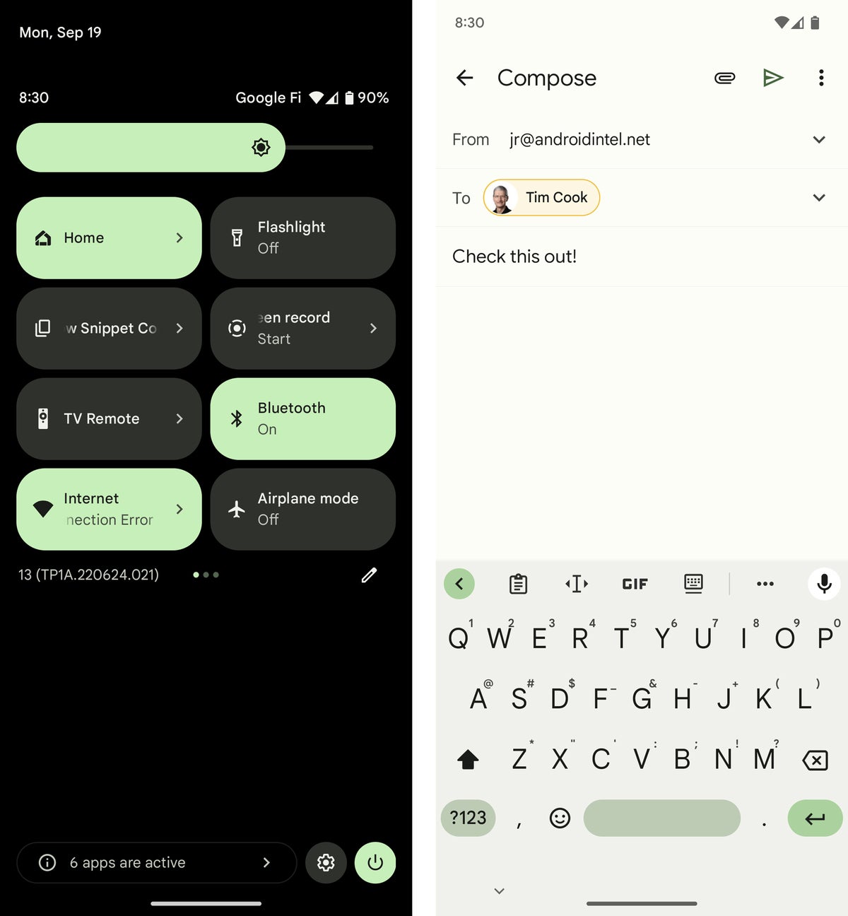 Android Design / Material You: Quick Settings, keyboard