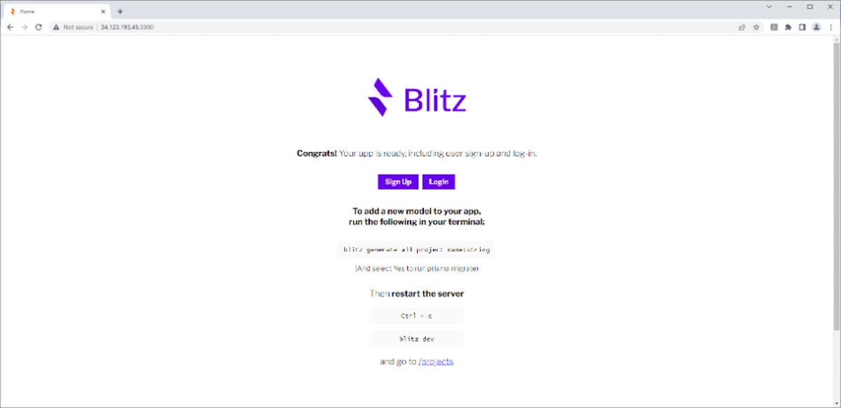 The Blitz.js welcome screen.