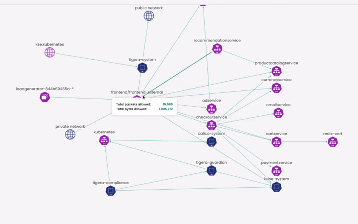 Tigera graph of discovered services and how they are connected.