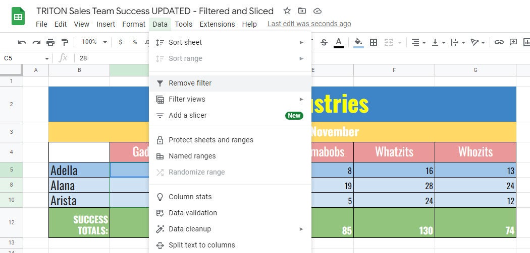 google sheets filters remove filter