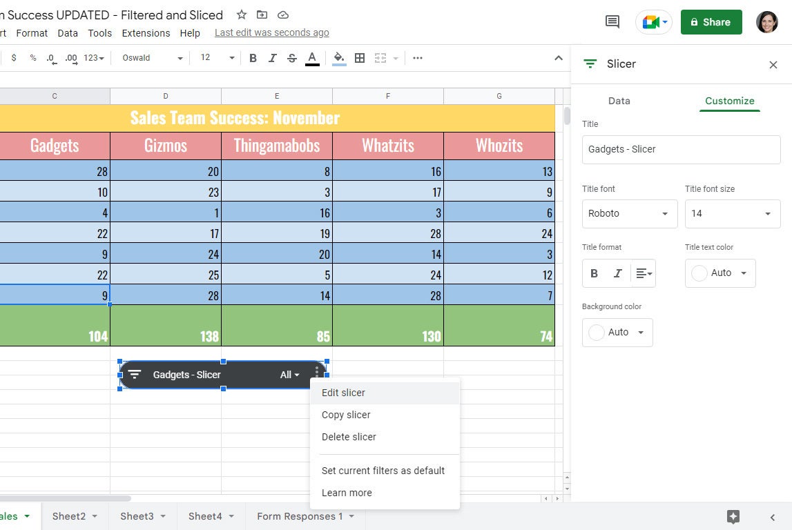 google sheets slicers more actions