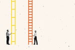 Man and woman standing near ladder of success with unequal steps symbolising gender discrimination